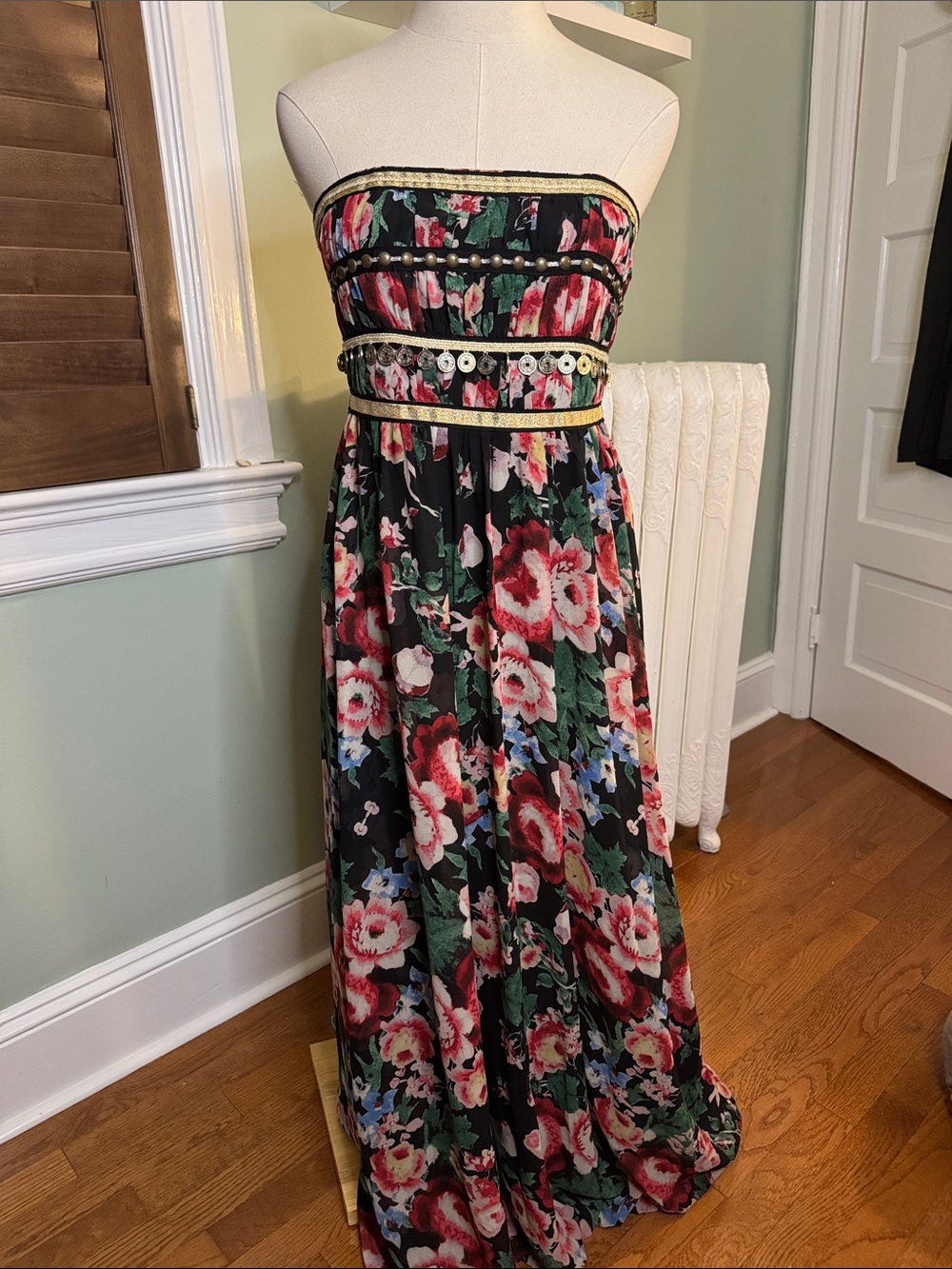 Pearl by Georgina Chapman Black Strapless Floral Maxi Dress with Pink Blooms
